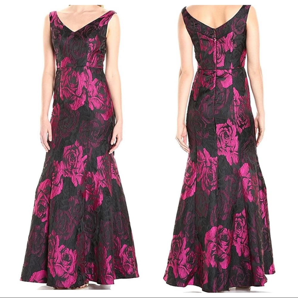 NWT JS Collection flora mermaid gown pink and black